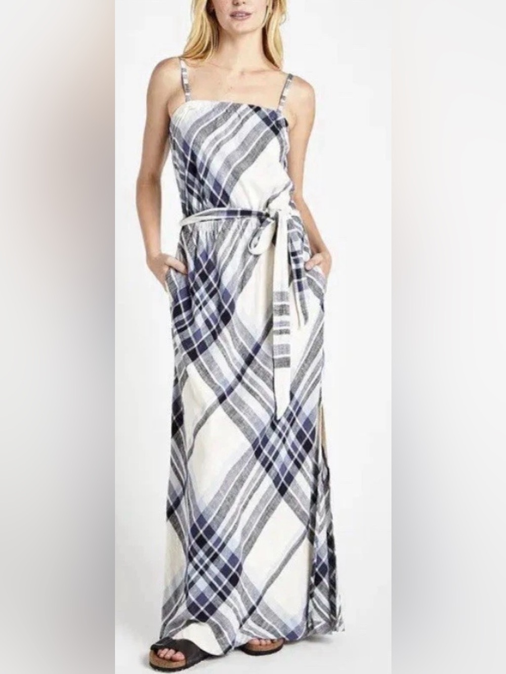 Splendid Annalise Blue & White Plaid Linen-Blend Maxi Dress Medium